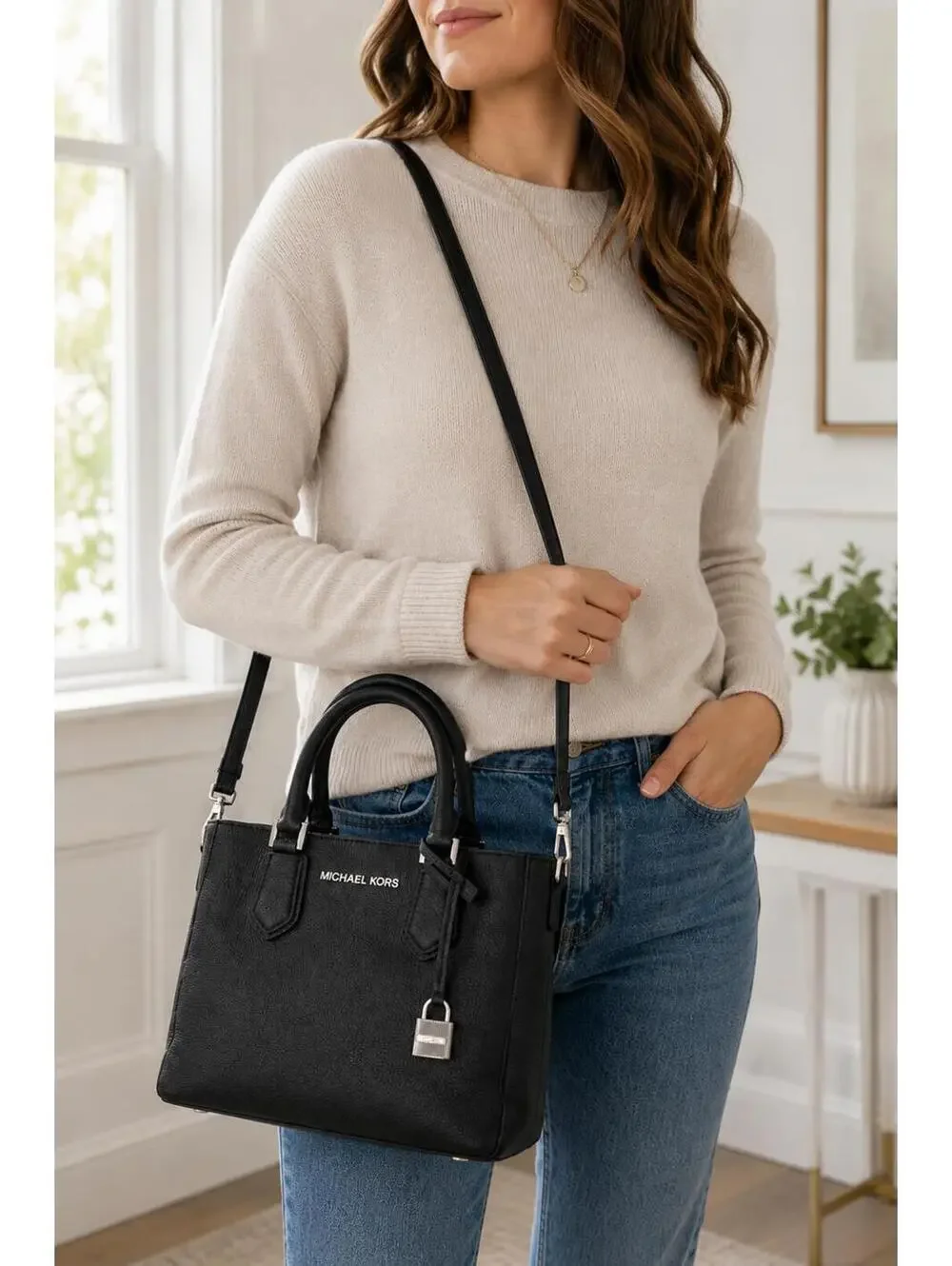 Michael Kors Adele Black Pebbled Leather Satchel Crossbody Bag Silver Hardware